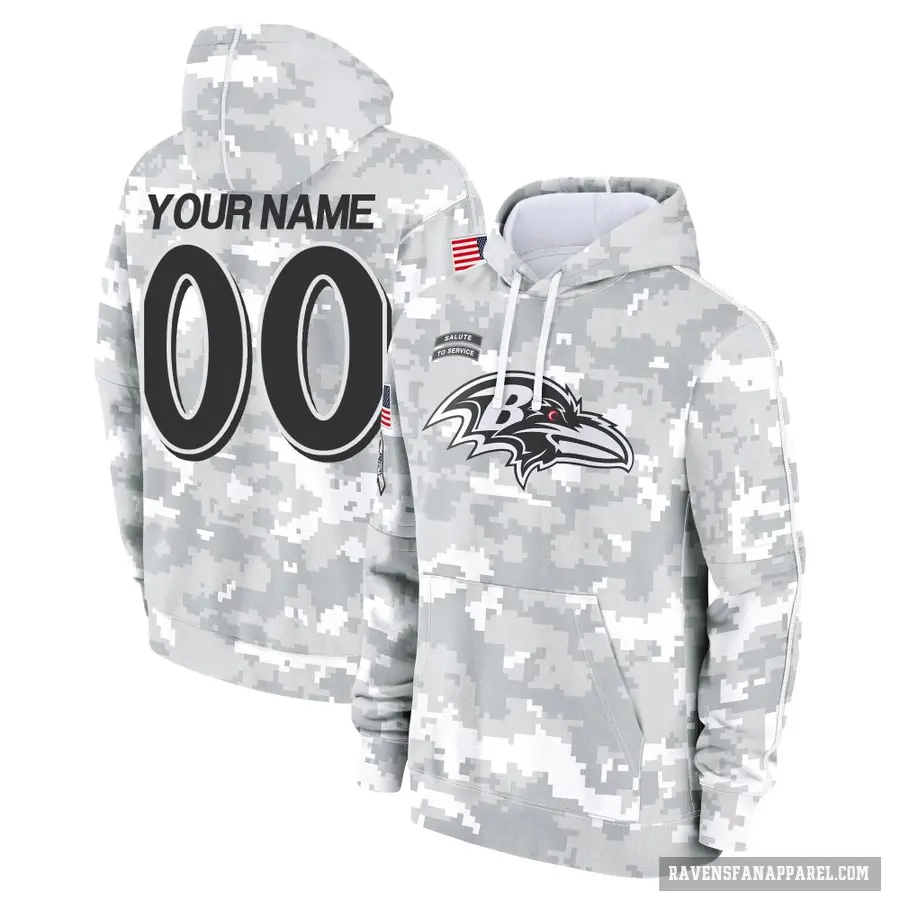 Men's ＃00 Custom Baltimore Ravens Arctic Camo 2024 Salute to Service Club Fleece Pullover Hoodie