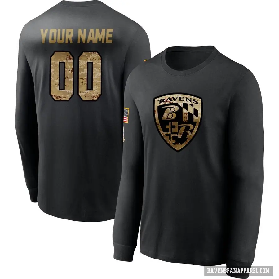 Men's ＃00 Custom Baltimore Ravens Black 2020 Salute To Service Sideline Performance Long Sleeve T-Shirt