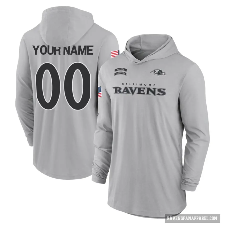 Men's ＃00 Custom Baltimore Ravens Gray 2024 Salute to Service Lightweight Performance Long Sleeve Hooded T-Shirt