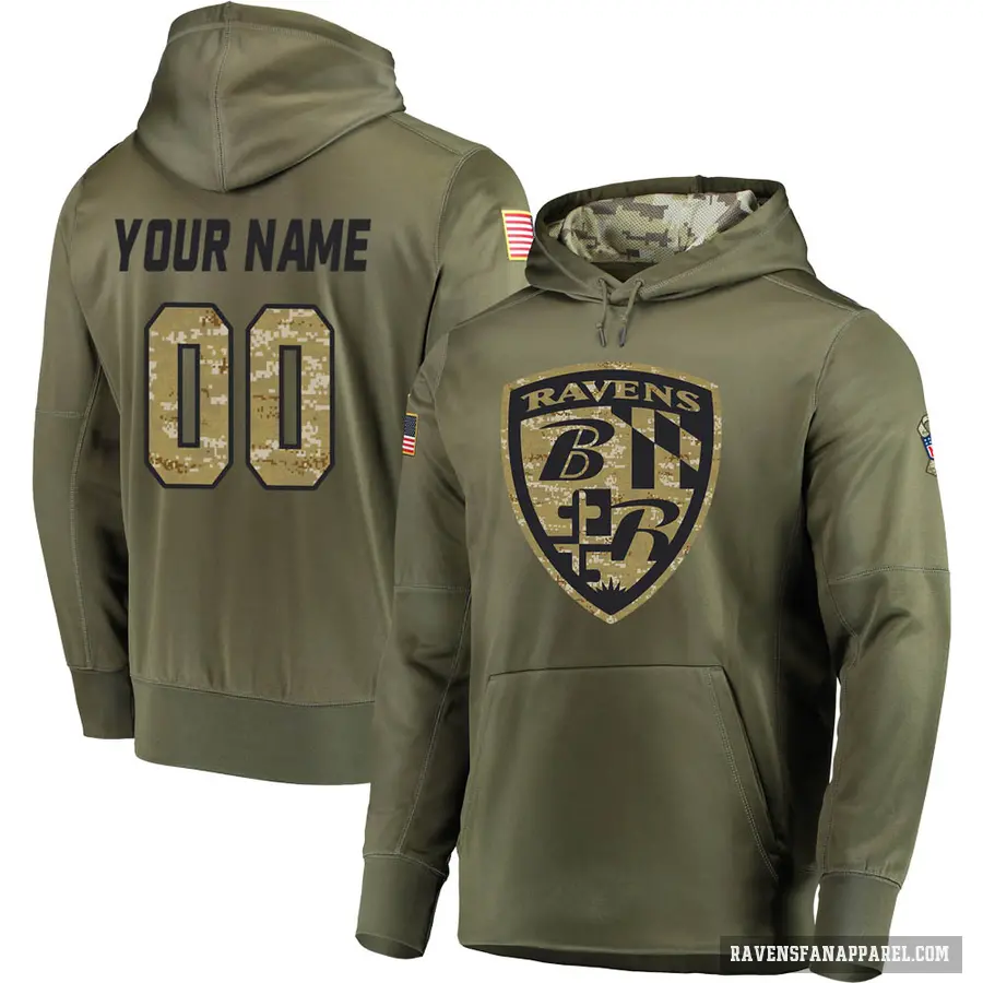 Men's ＃00 Custom Baltimore Ravens Olive Salute to Service Pullover Hoodie