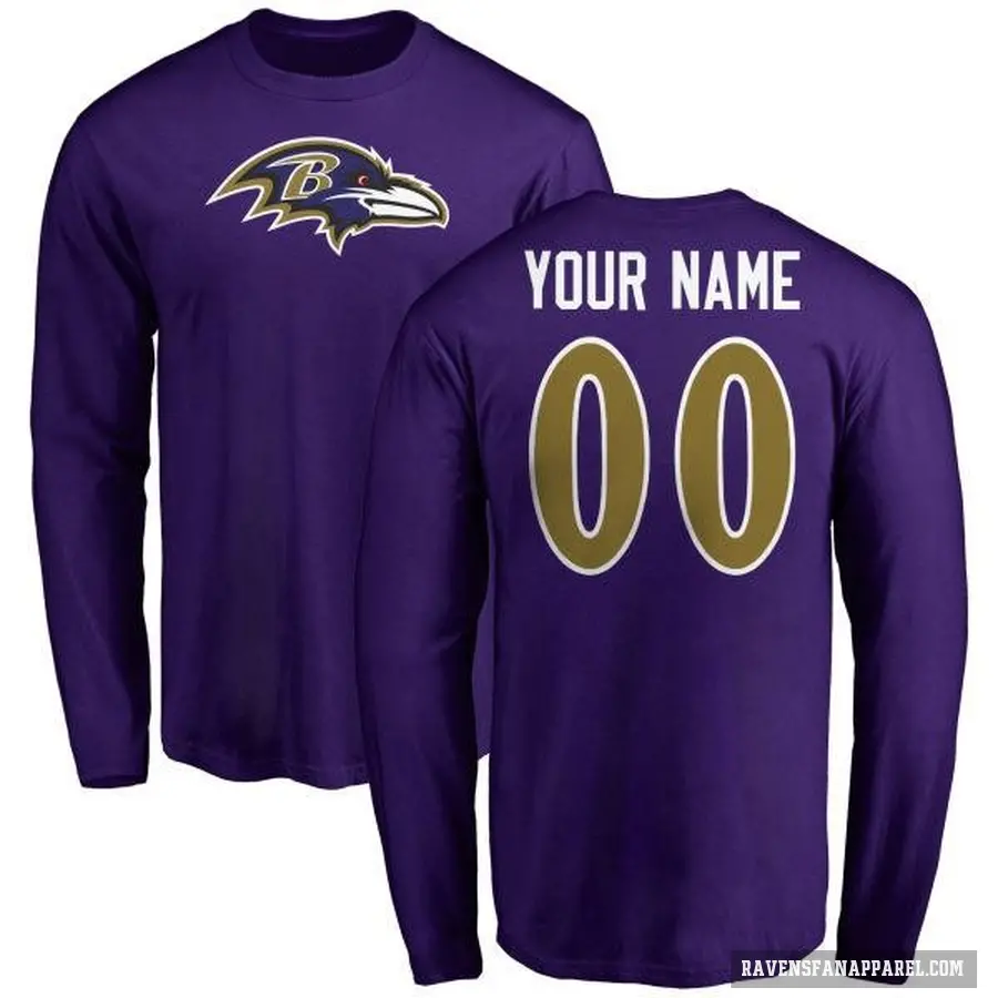 Men's ＃00 Custom Baltimore Ravens Purple Logo Long Sleeve T-Shirt