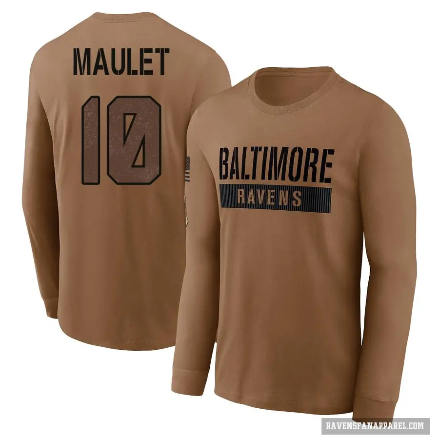 Men's ＃10 Arthur Maulet Baltimore Ravens Brown / 2023 Salute To Service Long Sleeve T-Shirt