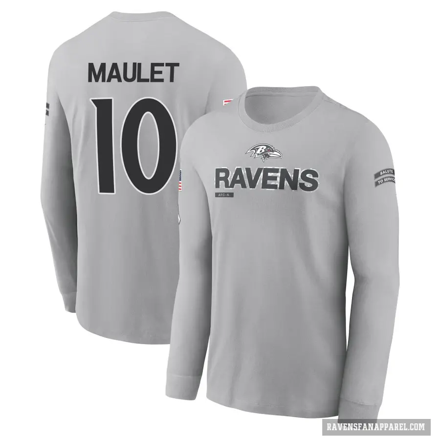 Men's ＃10 Arthur Maulet Baltimore Ravens Gray 2024 Salute to Service Long Sleeve T-Shirt