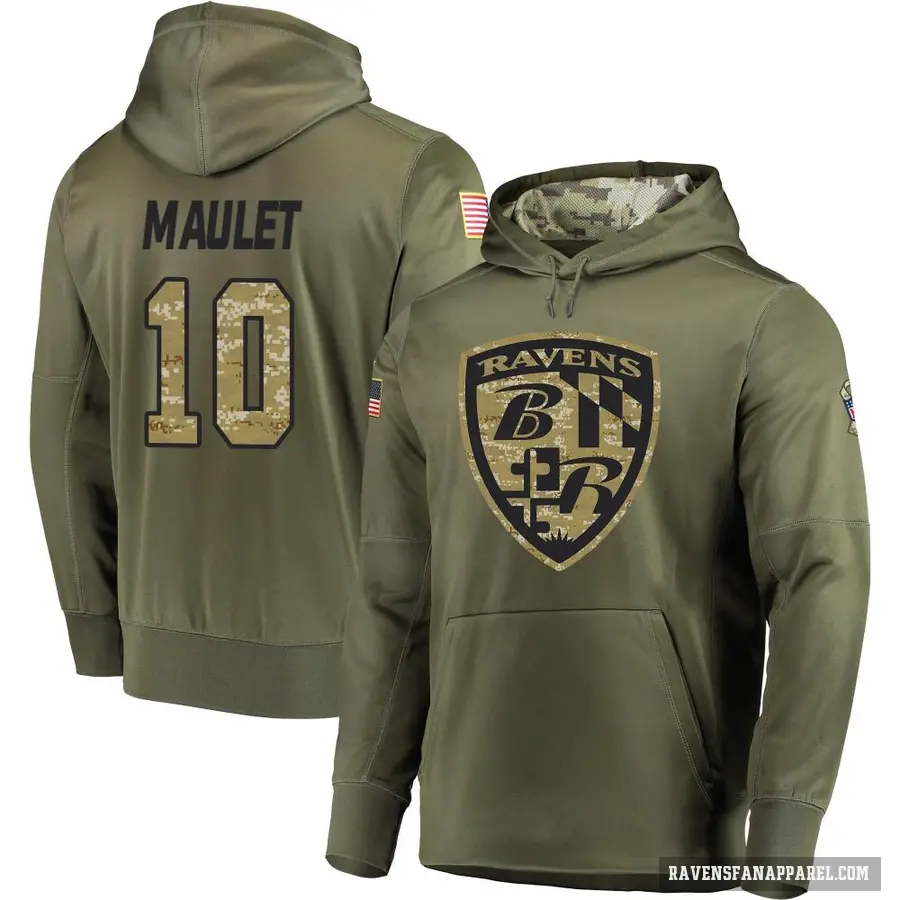 Men's ＃10 Arthur Maulet Baltimore Ravens Olive Salute to Service Pullover Hoodie