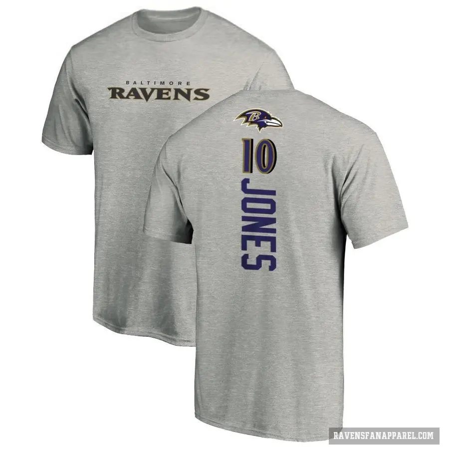 Men's ＃10 Emory Jones Baltimore Ravens Ash Backer T-Shirt