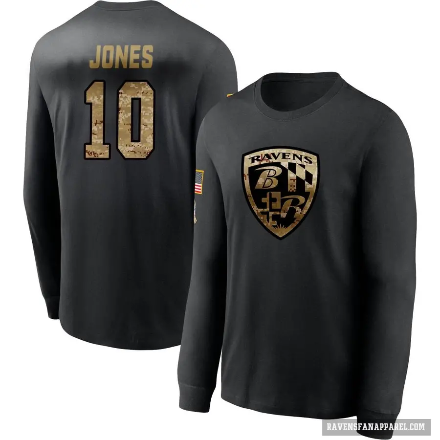 Men's ＃10 Emory Jones Baltimore Ravens Black 2020 Salute To Service Sideline Performance Long Sleeve T-Shirt