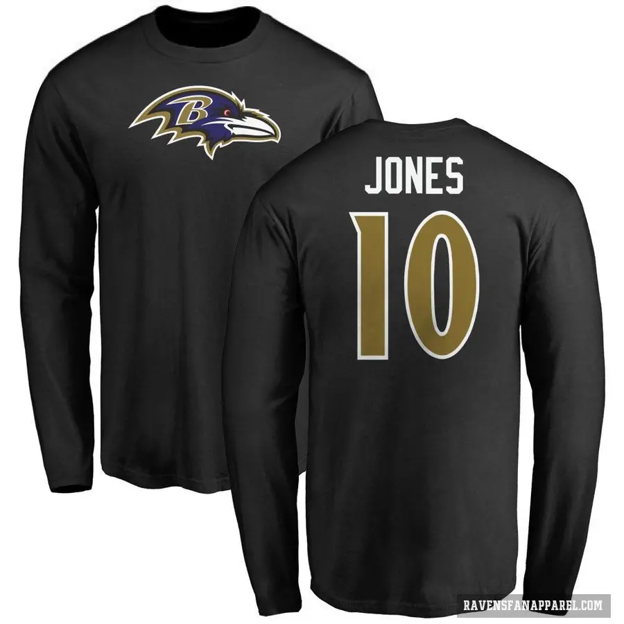 Men's ＃10 Emory Jones Baltimore Ravens Black Logo Long Sleeve T-Shirt