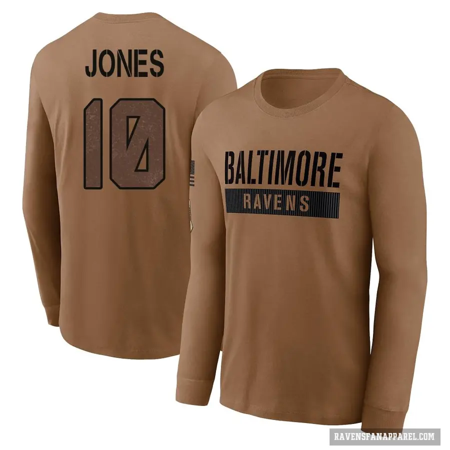 Men's ＃10 Emory Jones Baltimore Ravens Brown / 2023 Salute To Service Long Sleeve T-Shirt