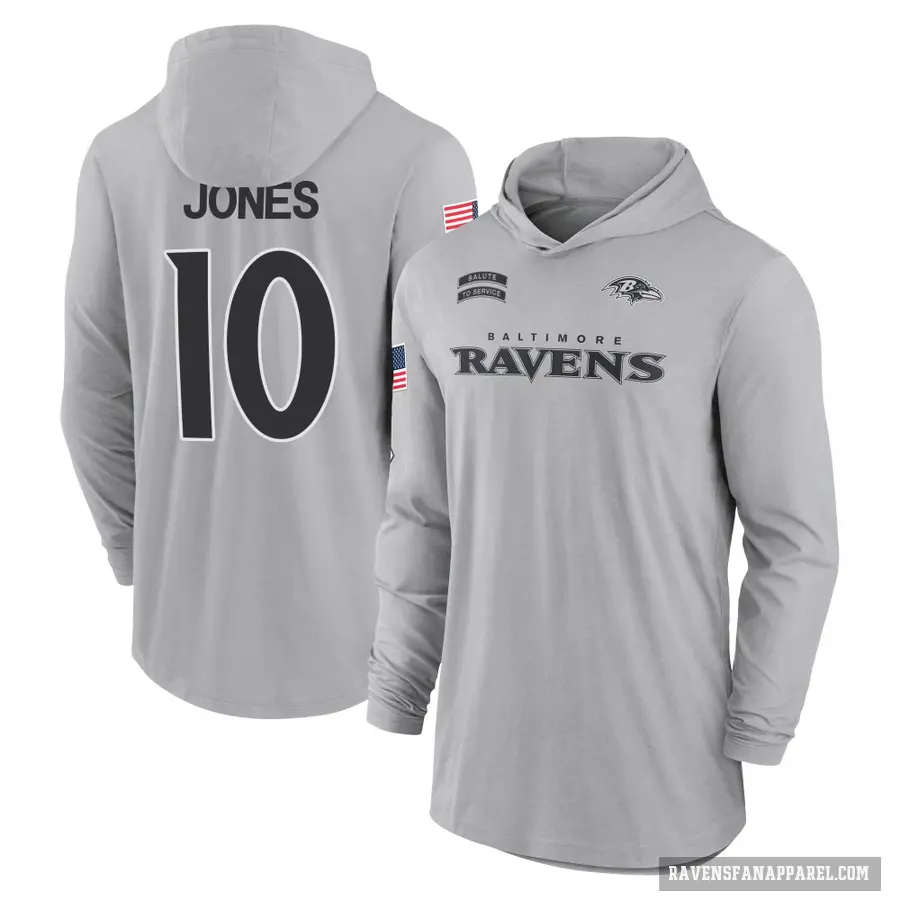 Men's ＃10 Emory Jones Baltimore Ravens Gray 2024 Salute to Service Lightweight Performance Long Sleeve Hooded T-Shirt