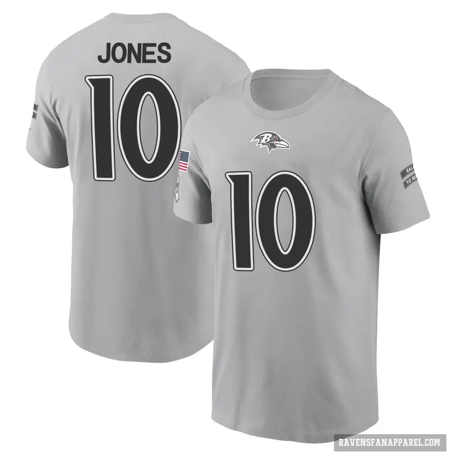 Men's ＃10 Emory Jones Baltimore Ravens Gray 2024 Salute to Service T-Shirt