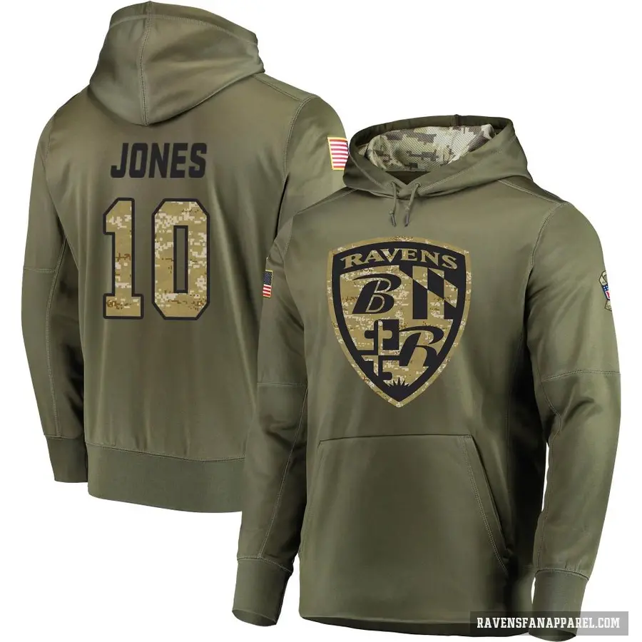 Men's ＃10 Emory Jones Baltimore Ravens Olive Salute to Service Pullover Hoodie