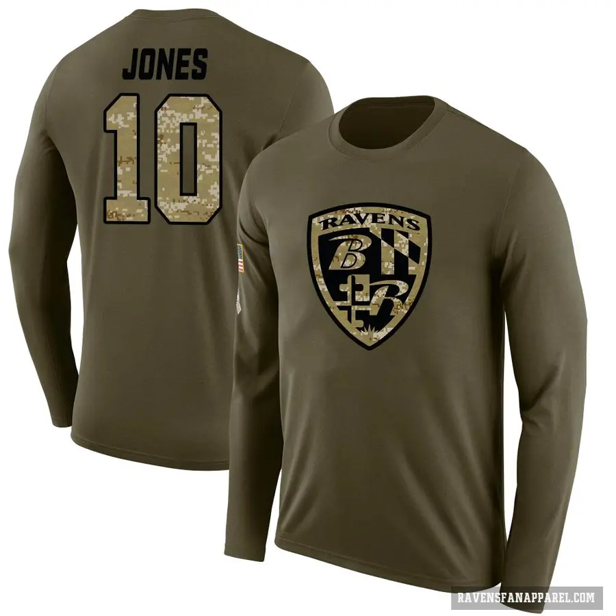 Men's ＃10 Emory Jones Baltimore Ravens Olive Salute to Service Sideline Long Sleeve T-Shirt