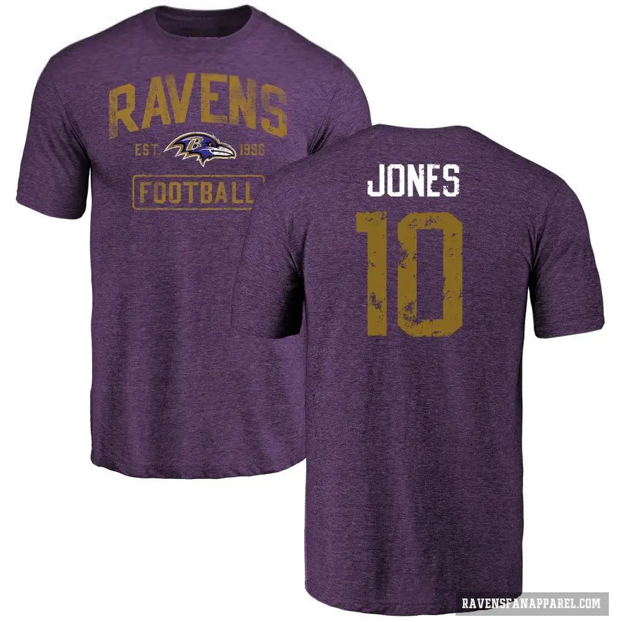 Men's ＃10 Emory Jones Baltimore Ravens Purple Distressed T-Shirt