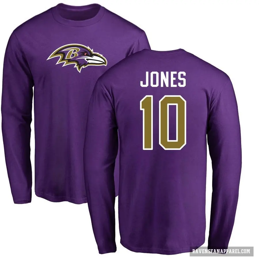 Men's ＃10 Emory Jones Baltimore Ravens Purple Logo Long Sleeve T-Shirt