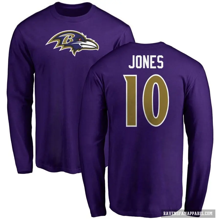 Men's ＃10 Emory Jones Baltimore Ravens Purple Logo Long Sleeve T-Shirt