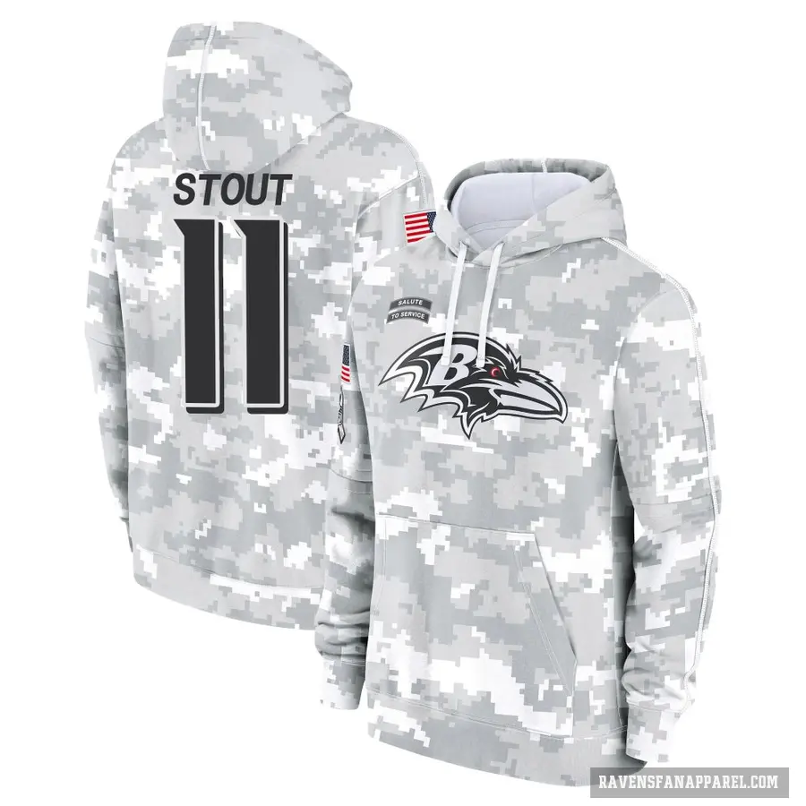 Men's ＃11 Jordan Stout Baltimore Ravens Arctic Camo 2024 Salute to Service Club Fleece Pullover Hoodie