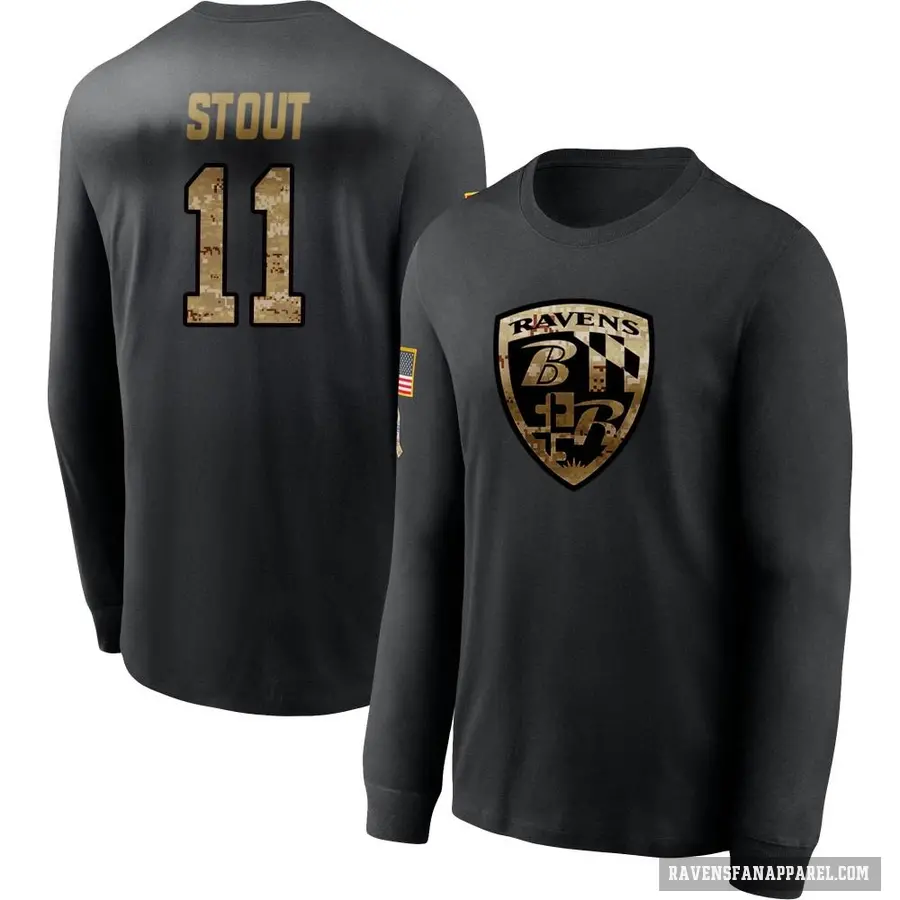 Men's ＃11 Jordan Stout Baltimore Ravens Black 2020 Salute To Service Sideline Performance Long Sleeve T-Shirt