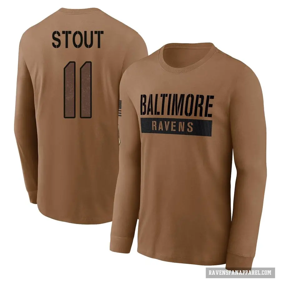 Men's ＃11 Jordan Stout Baltimore Ravens Brown / 2023 Salute To Service Long Sleeve T-Shirt