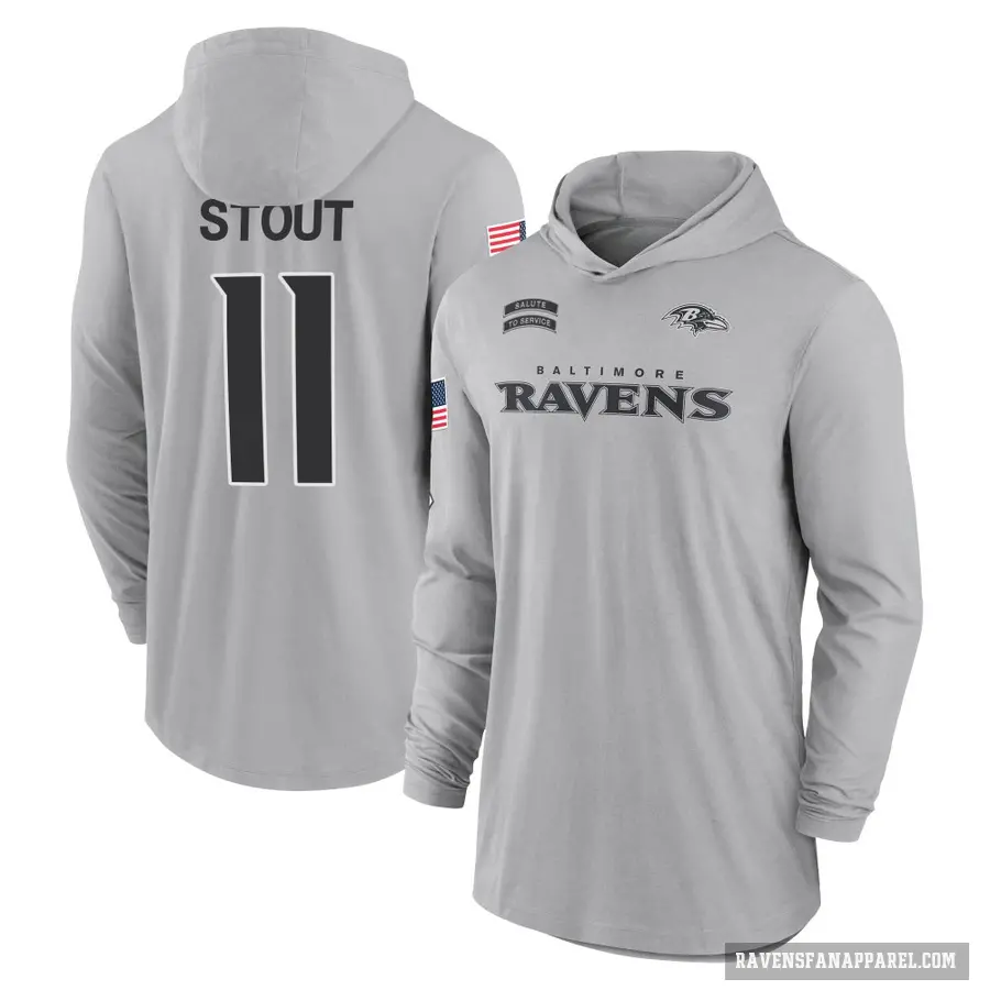 Men's ＃11 Jordan Stout Baltimore Ravens Gray 2024 Salute to Service Lightweight Performance Long Sleeve Hooded T-Shirt