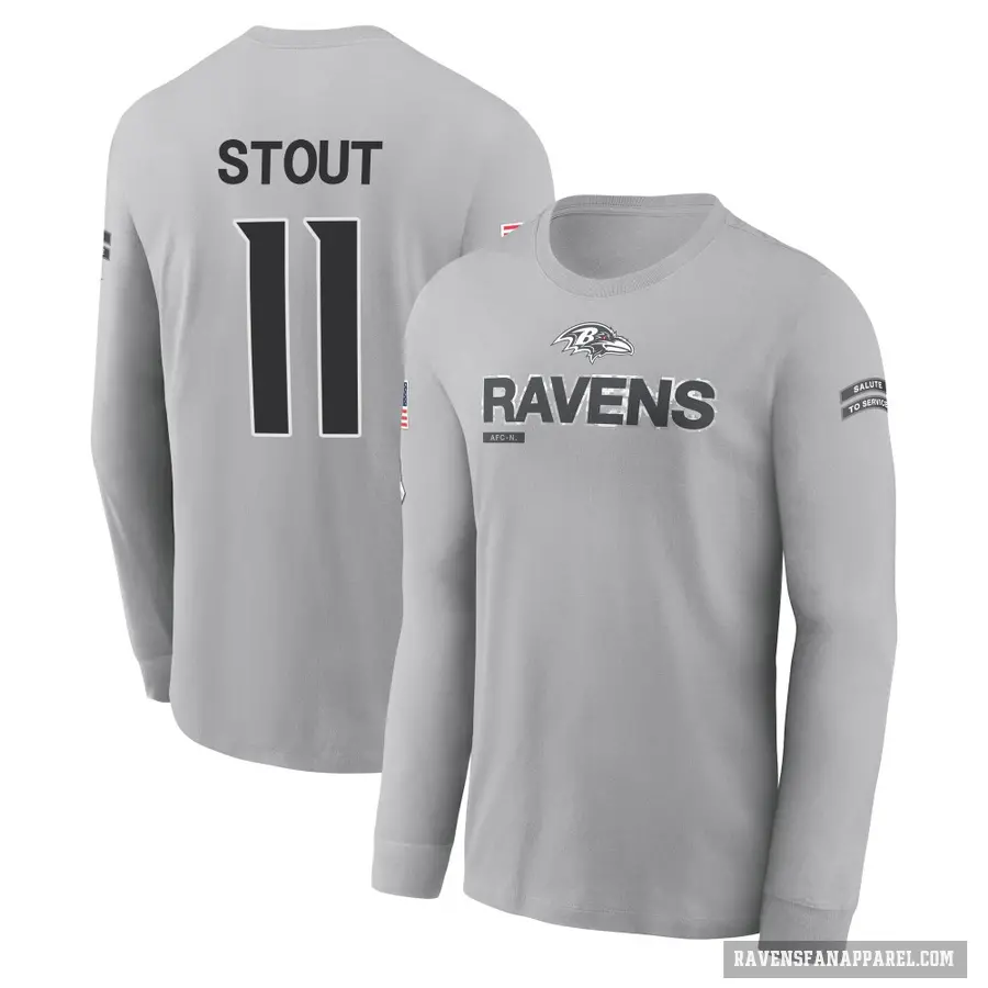 Men's ＃11 Jordan Stout Baltimore Ravens Gray 2024 Salute to Service Long Sleeve T-Shirt