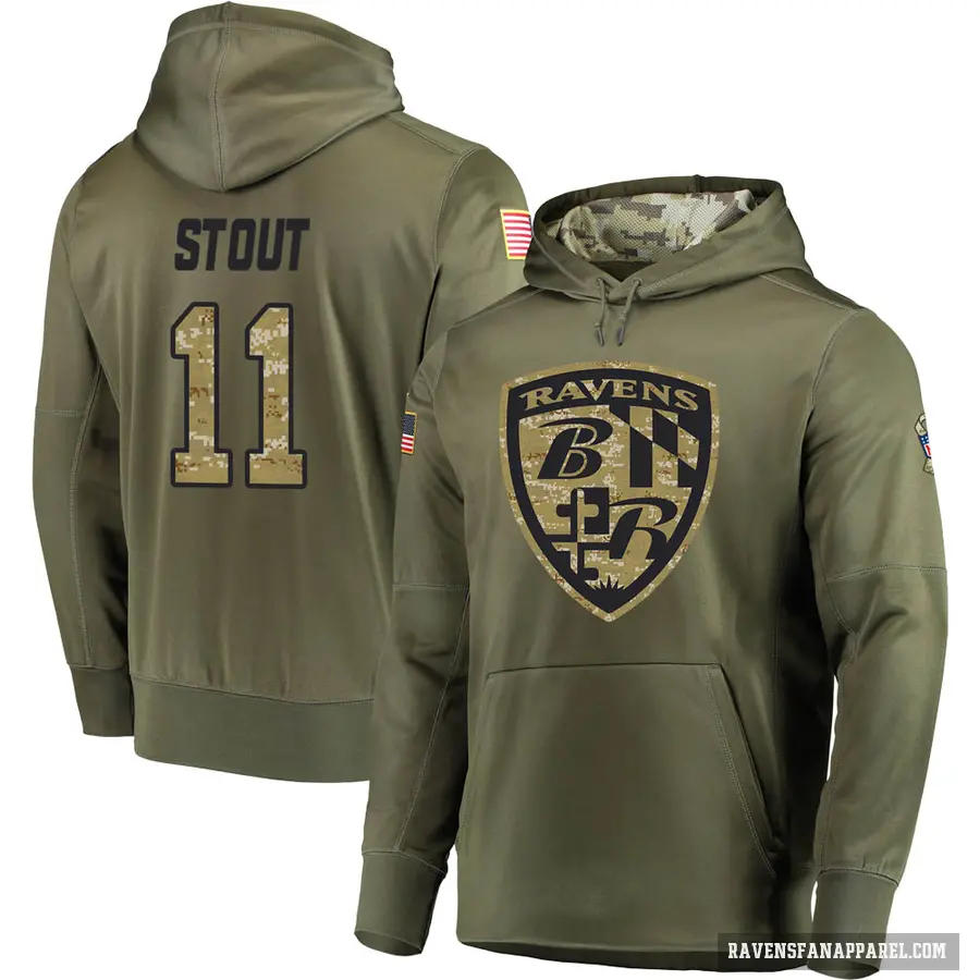 Men's ＃11 Jordan Stout Baltimore Ravens Olive Salute to Service Pullover Hoodie