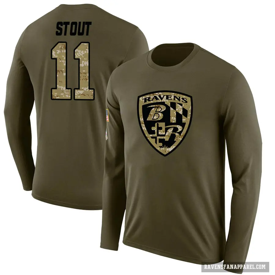 Men's ＃11 Jordan Stout Baltimore Ravens Olive Salute to Service Sideline Long Sleeve T-Shirt