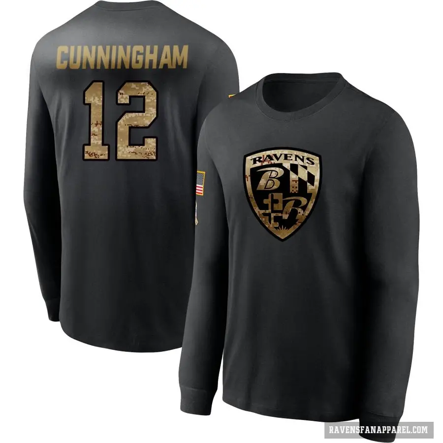 Men's ＃12 Malik Cunningham Baltimore Ravens Black 2020 Salute To Service Sideline Performance Long Sleeve T-Shirt