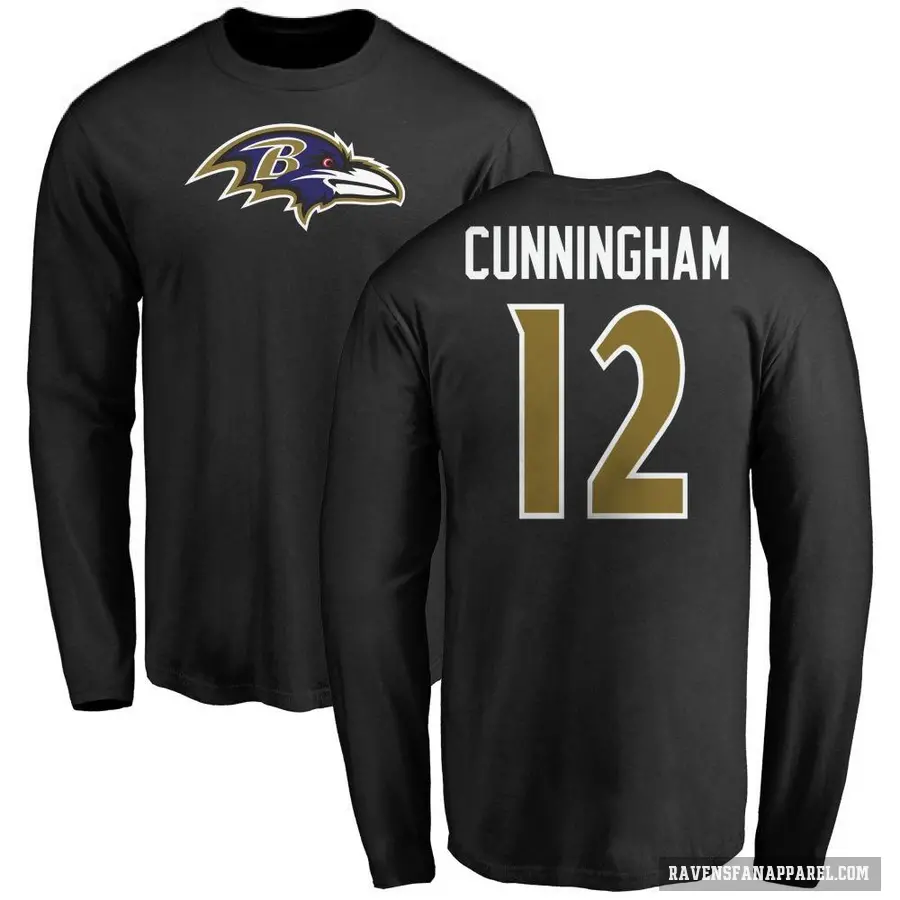 Men's ＃12 Malik Cunningham Baltimore Ravens Black Logo Long Sleeve T-Shirt