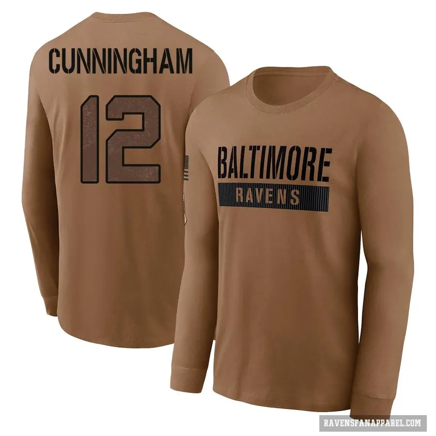 Men's ＃12 Malik Cunningham Baltimore Ravens Brown / 2023 Salute To Service Long Sleeve T-Shirt