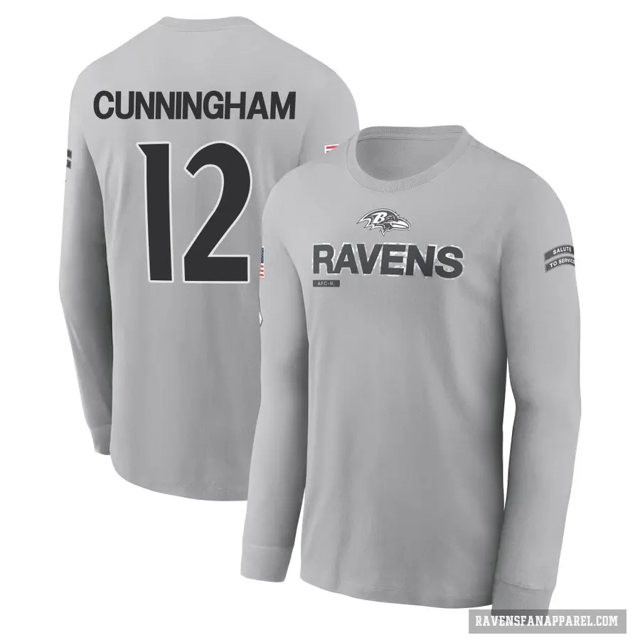 Men's ＃12 Malik Cunningham Baltimore Ravens Gray 2024 Salute to Service Long Sleeve T-Shirt