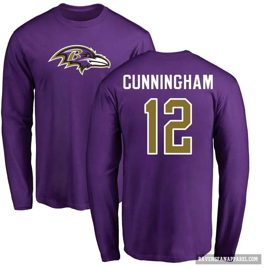 Men's ＃12 Malik Cunningham Baltimore Ravens Purple Logo Long Sleeve T-Shirt