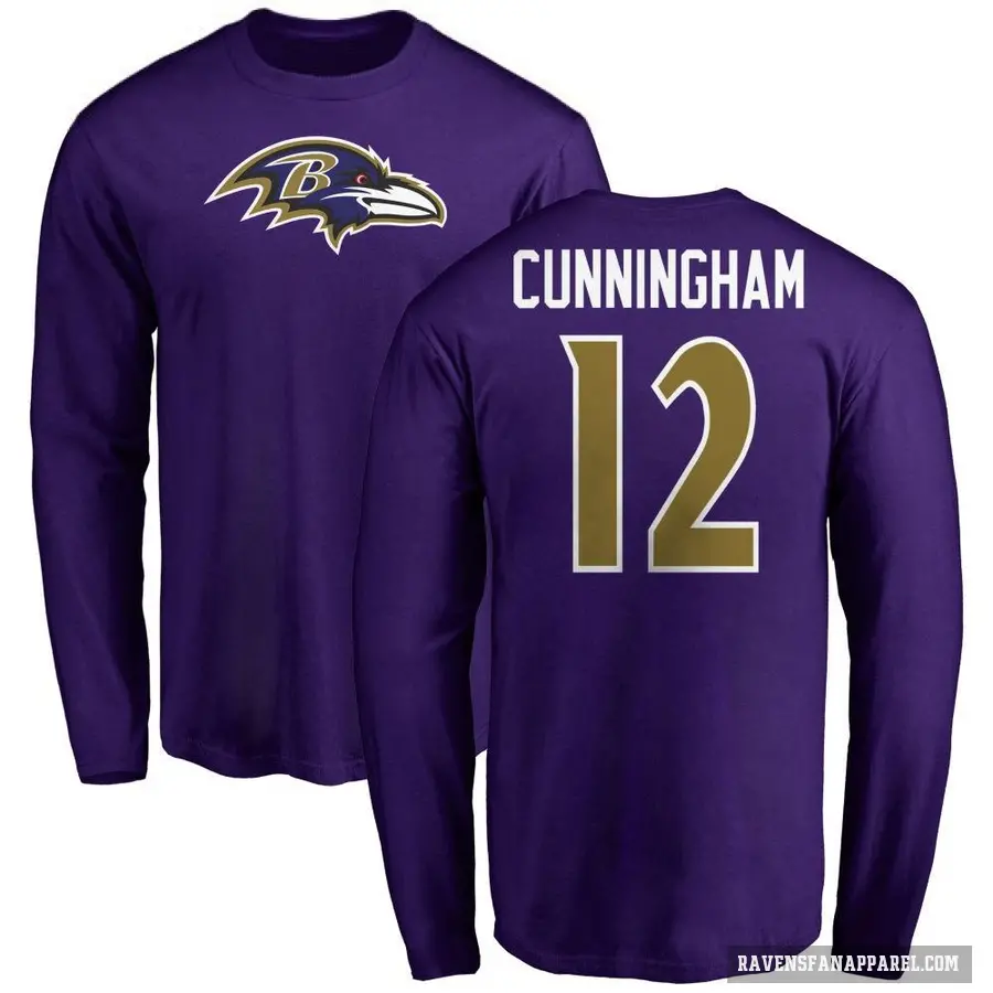 Men's ＃12 Malik Cunningham Baltimore Ravens Purple Logo Long Sleeve T-Shirt