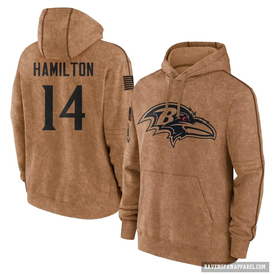 Men's ＃14 Kyle Hamilton Baltimore Ravens Brown 2023 Salute To Service Club Pullover Hoodie