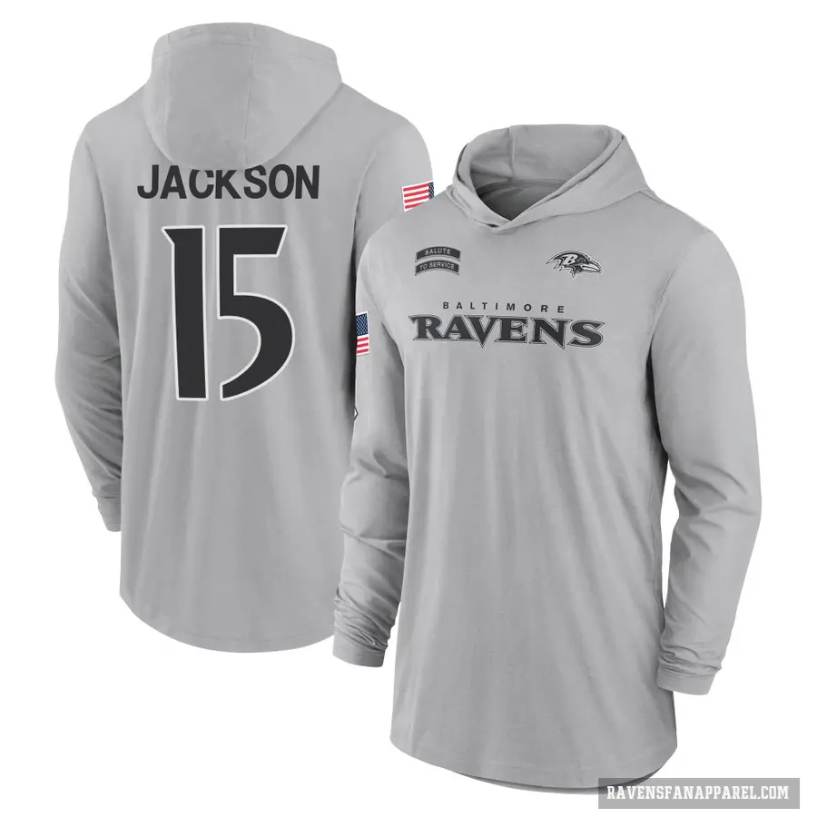 Men's ＃15 DeSean Jackson Baltimore Ravens Gray 2024 Salute to Service Lightweight Performance Long Sleeve Hooded T-Shirt