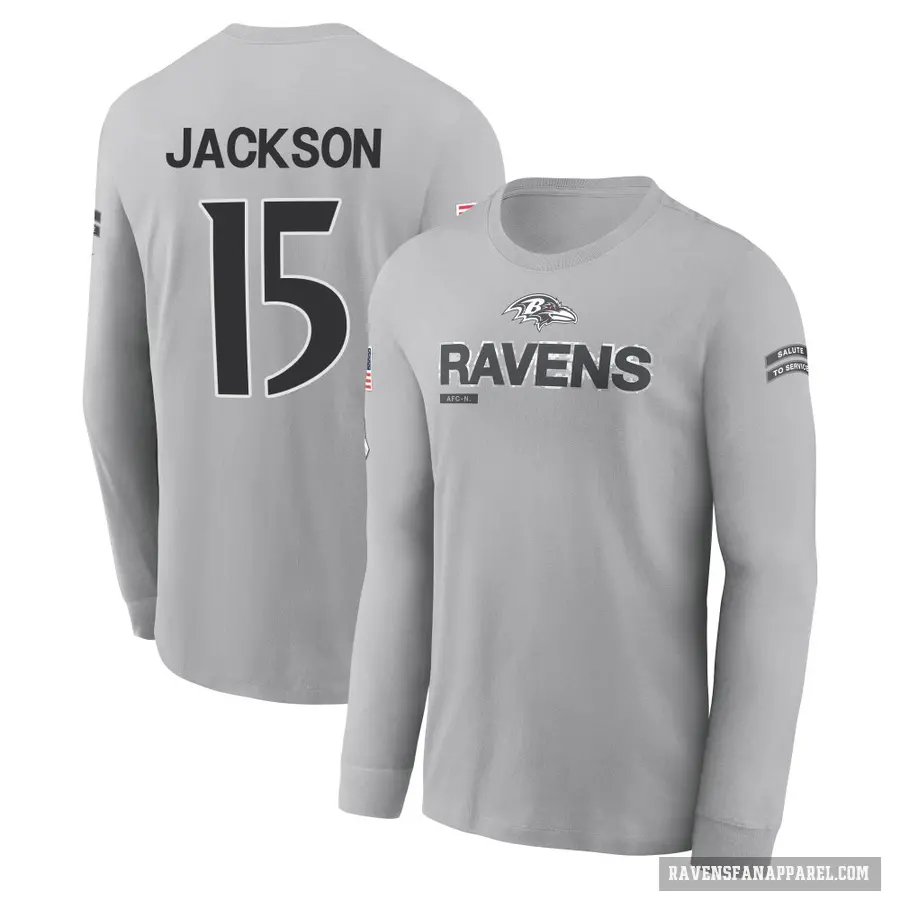 Men's ＃15 DeSean Jackson Baltimore Ravens Gray 2024 Salute to Service Long Sleeve T-Shirt