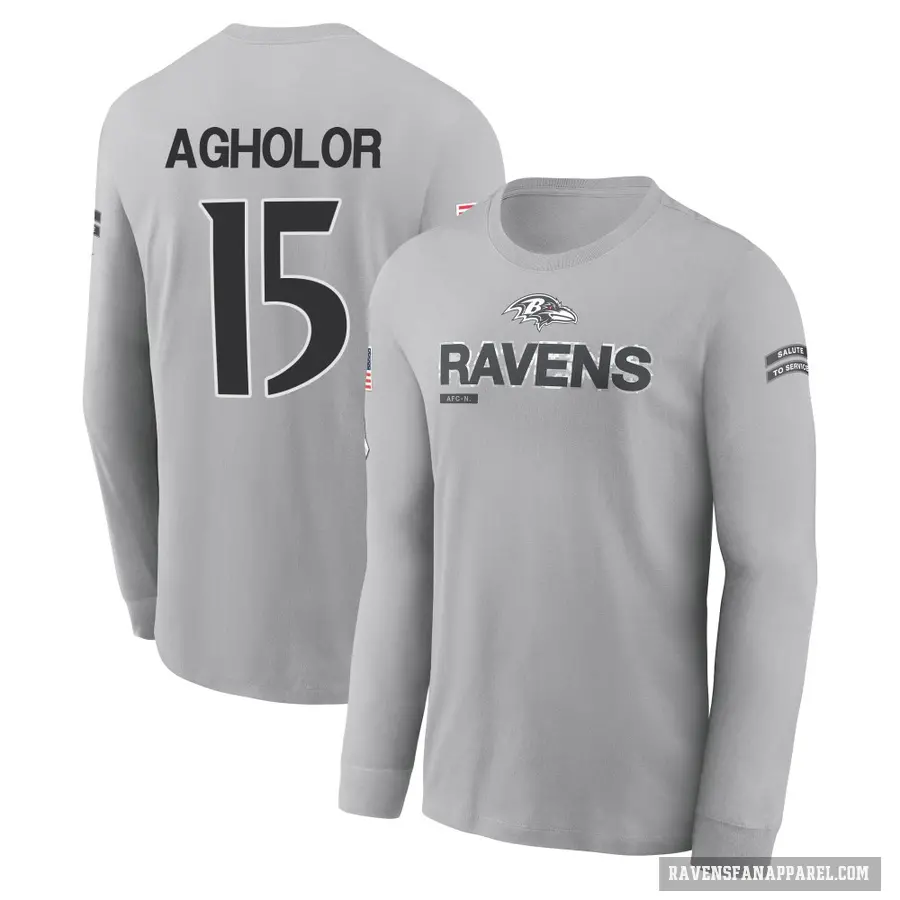 Men's ＃15 Nelson Agholor Baltimore Ravens Gray 2024 Salute to Service Long Sleeve T-Shirt