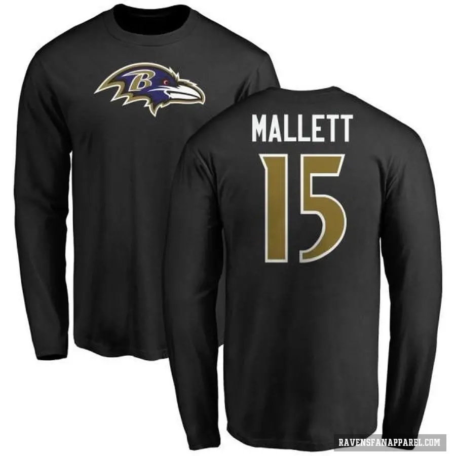 Men's ＃15 Ryan Mallett Baltimore Ravens Black Logo Long Sleeve T-Shirt