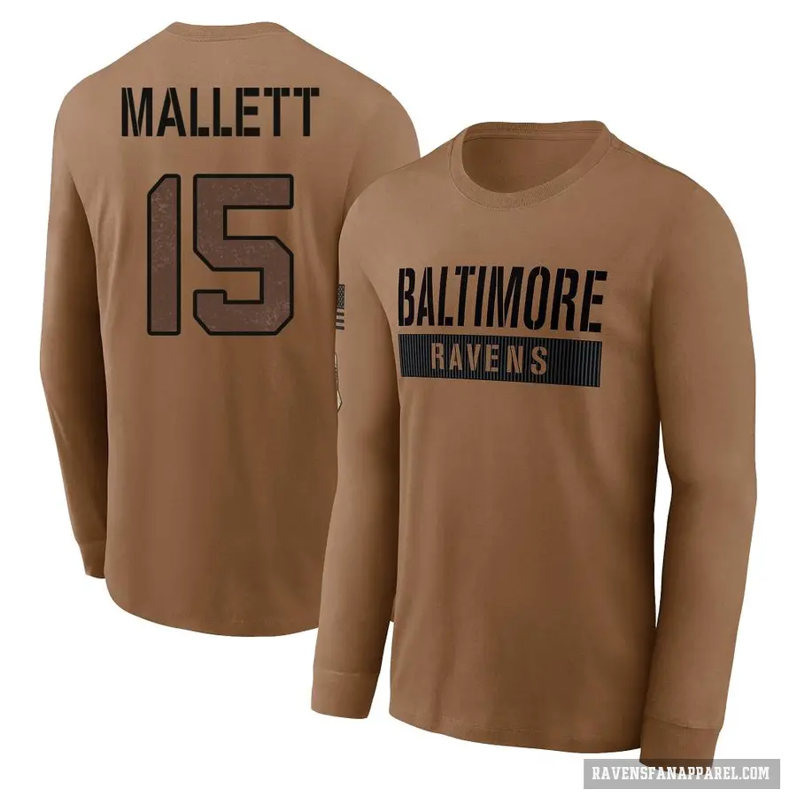 Men's ＃15 Ryan Mallett Baltimore Ravens Brown / 2023 Salute To Service Long Sleeve T-Shirt