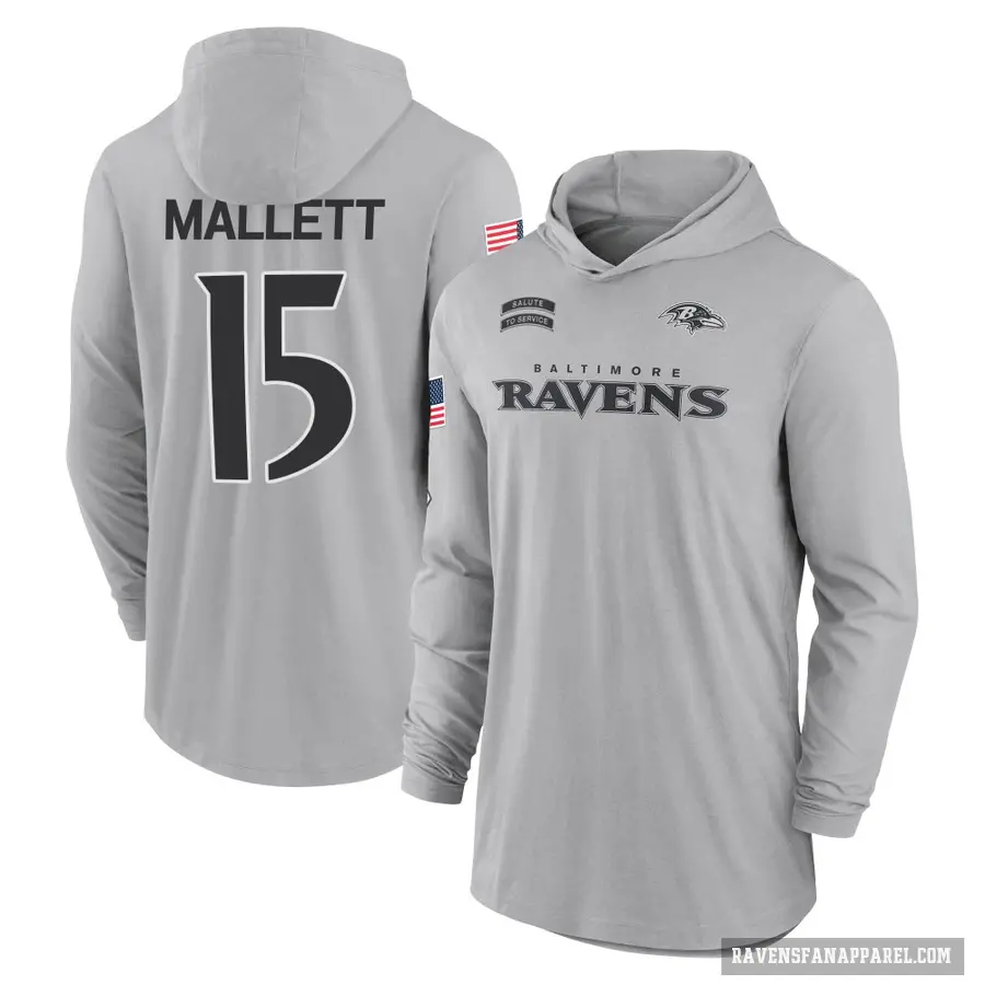 Men's ＃15 Ryan Mallett Baltimore Ravens Gray 2024 Salute to Service Lightweight Performance Long Sleeve Hooded T-Shirt