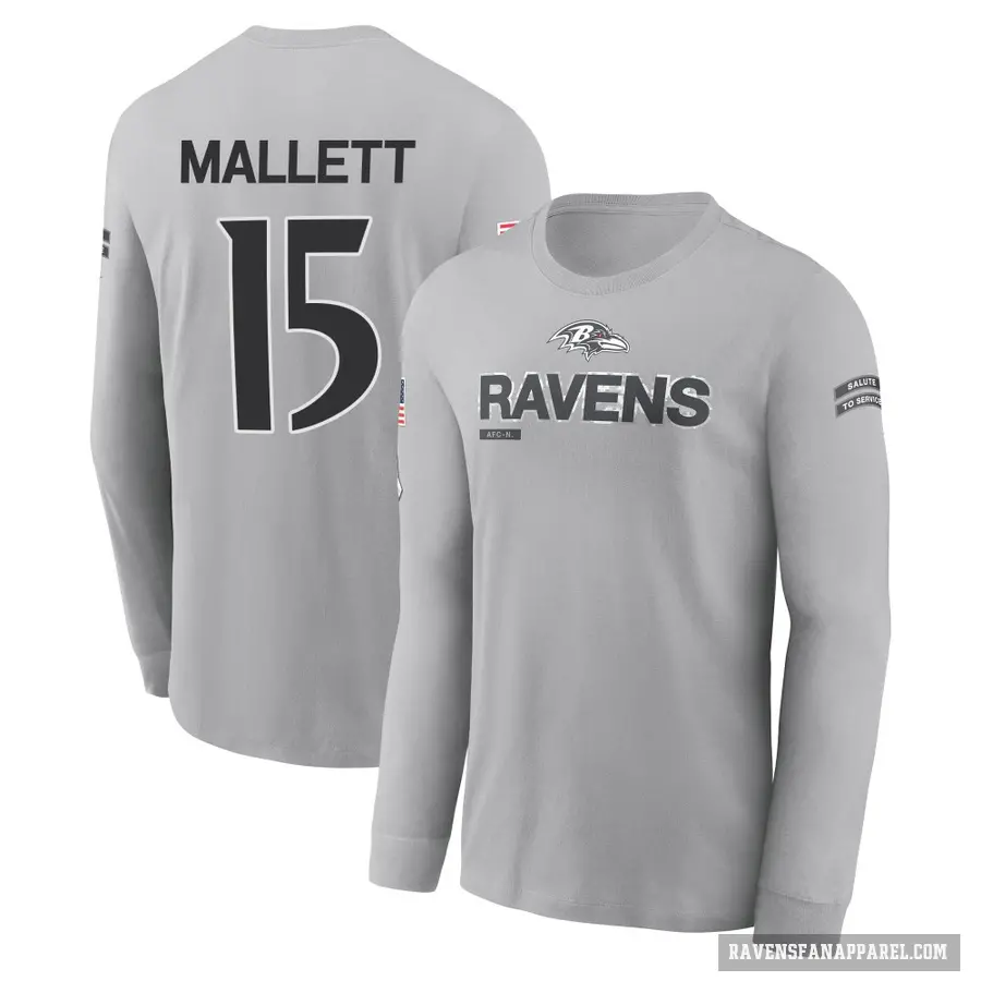 Men's ＃15 Ryan Mallett Baltimore Ravens Gray 2024 Salute to Service Long Sleeve T-Shirt