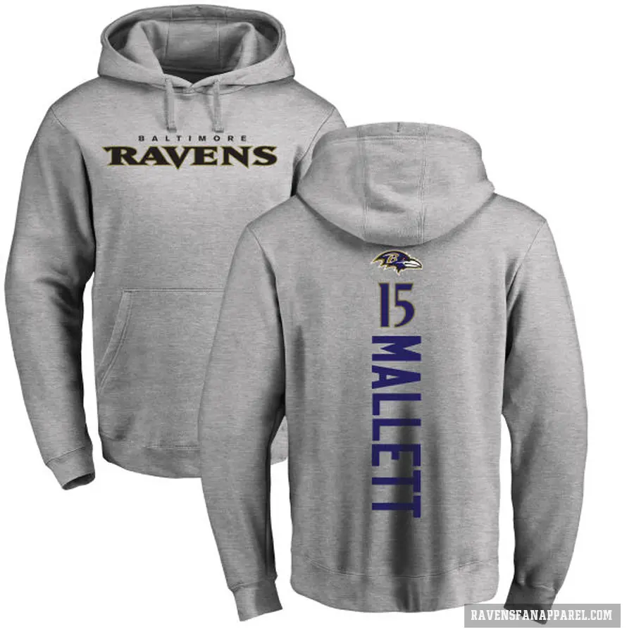 Men's ＃15 Ryan Mallett Baltimore Ravens Pro Line Ash Backer Pullover Hoodie