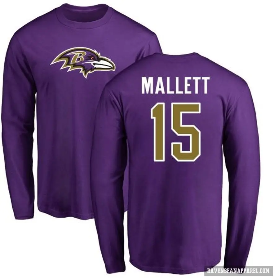 Men's ＃15 Ryan Mallett Baltimore Ravens Purple Logo Long Sleeve T-Shirt