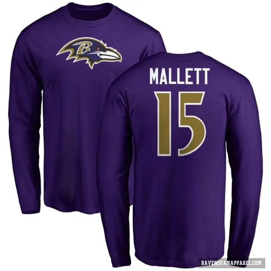 Men's ＃15 Ryan Mallett Baltimore Ravens Purple Logo Long Sleeve T-Shirt