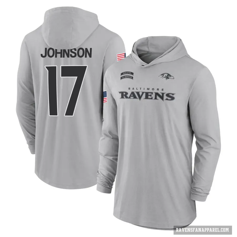 Men's ＃17 Josh Johnson Baltimore Ravens Gray 2024 Salute to Service Lightweight Performance Long Sleeve Hooded T-Shirt