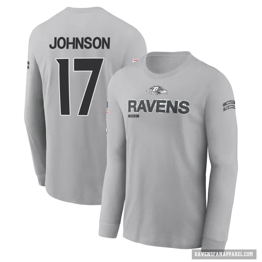 Men's ＃17 Josh Johnson Baltimore Ravens Gray 2024 Salute to Service Long Sleeve T-Shirt