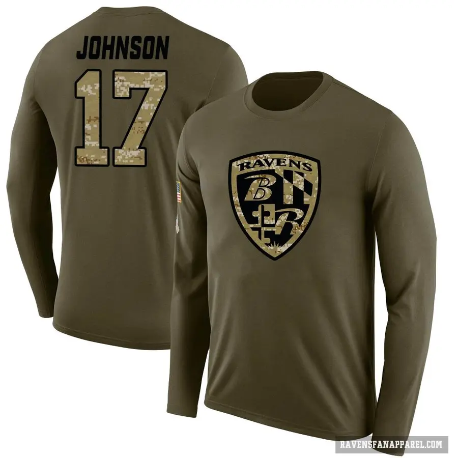 Men's ＃17 Josh Johnson Baltimore Ravens Olive Salute to Service Sideline Long Sleeve T-Shirt