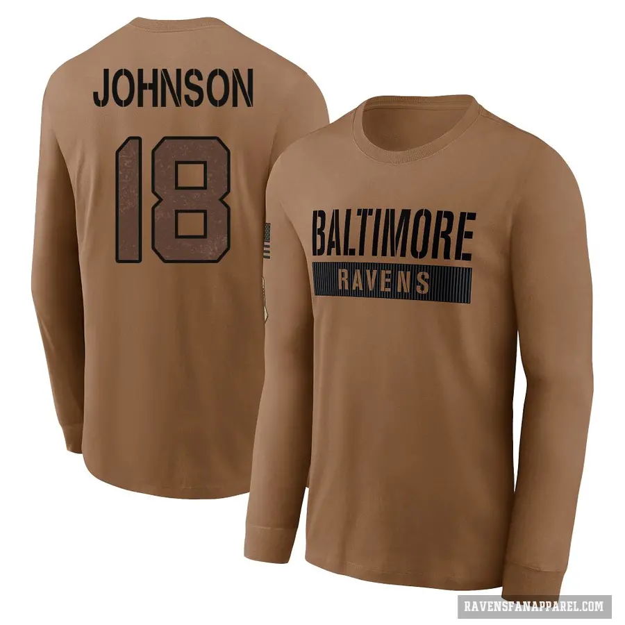 Men's ＃18 Diontae Johnson Baltimore Ravens Brown / 2023 Salute To Service Long Sleeve T-Shirt