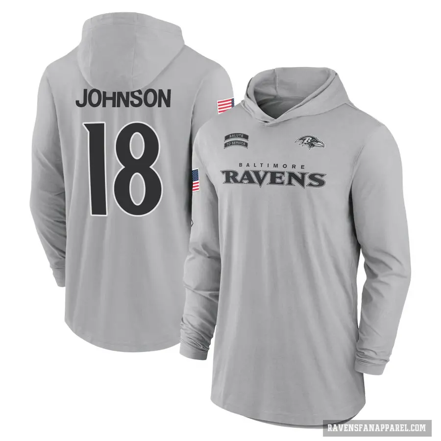 Men's ＃18 Diontae Johnson Baltimore Ravens Gray 2024 Salute to Service Lightweight Performance Long Sleeve Hooded T-Shirt