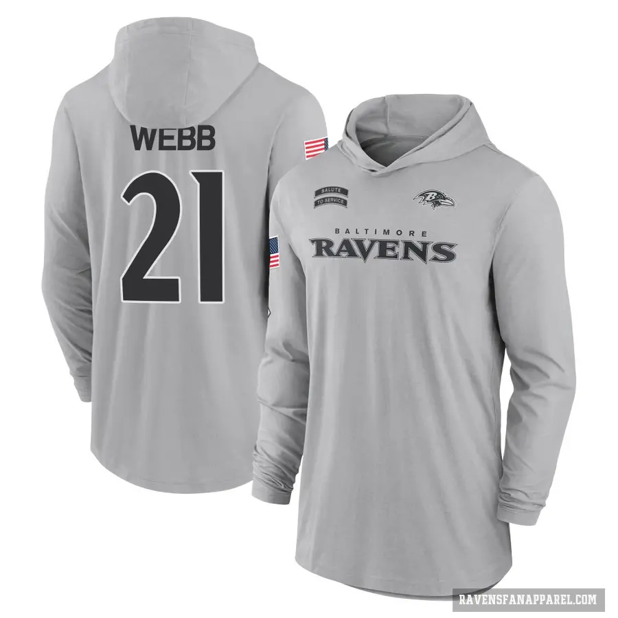 Men's ＃21 Lardarius Webb Baltimore Ravens Gray 2024 Salute to Service Lightweight Performance Long Sleeve Hooded T-Shirt