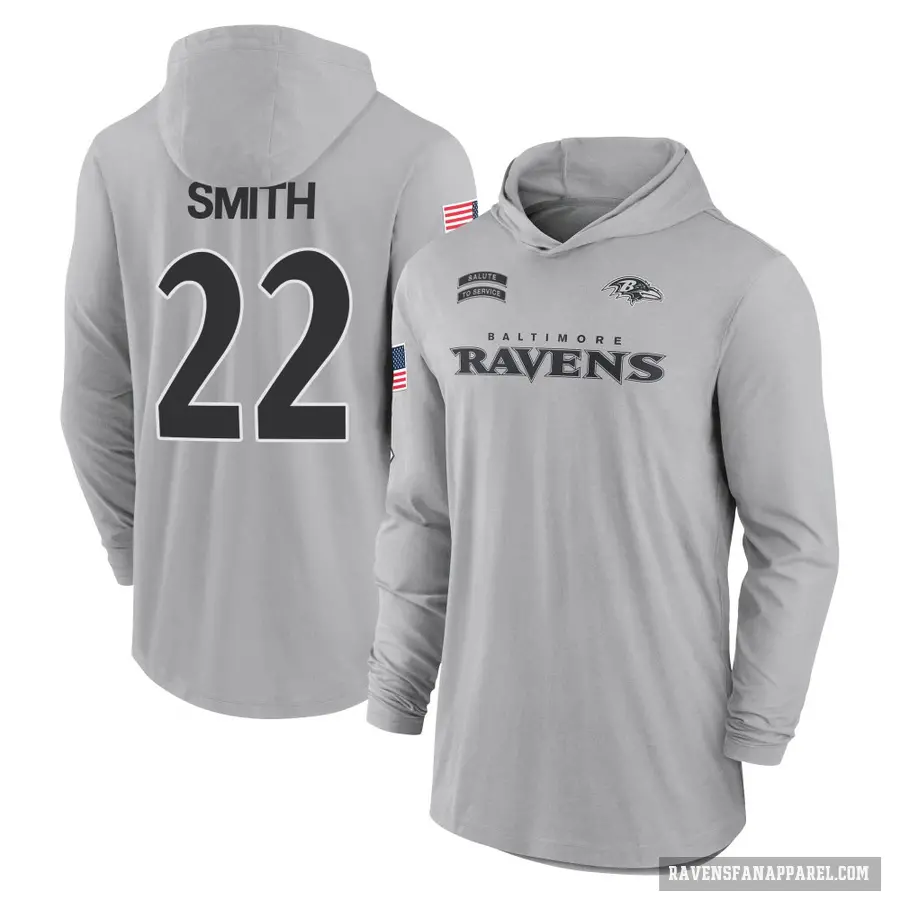 Men's ＃22 Jimmy Smith Baltimore Ravens Gray 2024 Salute to Service Lightweight Performance Long Sleeve Hooded T-Shirt